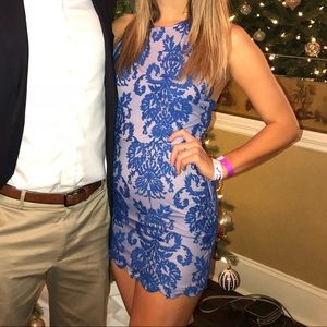 Blue lace body con dress